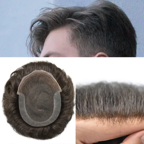 Miniatura 81 de LYRICAL HAIR Sistema de cabello humano con encaje frontal francés para hombres, tupé de piel de polietileno para hombres, línea capilar natural