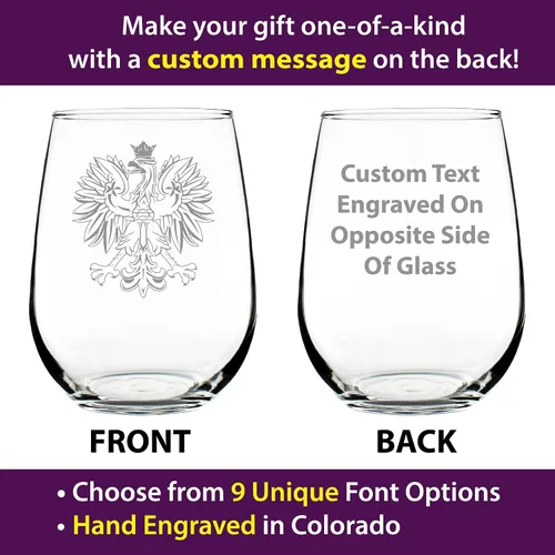 Miniatura 2 de Custom Polish Eagle Personalized Stemless Wine Glass - Poland Gifts or Party Decor for Women & Men - Large 17 Oz Wine Glasses - Customized Wine