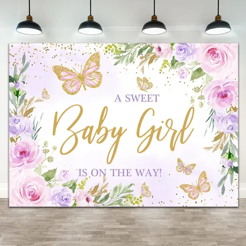 Decoración de mariposa para baby shower para niña, telón de fondo de 7 x 5 pies, A Sweet Baby Girl is on the Way Flores florales moradas Fondo de