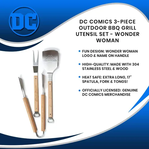 Miniatura 6 de DC Comics Wonder Woman - Juego de utensilios de barbacoa de 3 piezas para exteriores, incluye espátula, tenedor y pinzas de acero inoxidable