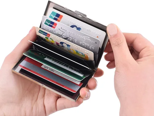 Miniatura 33 de BONSYL® Soporte para tarjetas de crédito, cartera delgada de metal con bloqueo RFID, con 6 ranuras para tarjetas, para mujeres y hombres.