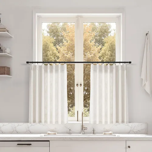 Miniatura 109 de Juego de 2 paneles de cortinas de ventana de cocina beige de 24 pulgadas de largo, con textura de lino, plisadas, filtrantes de luz, semi pequeñas