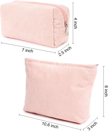 Miniatura 3 de SOIDRAM 2 Piezas Bolsa de Maquillaje Grande de Corduroy, Bolsa de Cosméticos de Lona de Gran Capacidad, Bolsa de Viaje y Artículos de Aseo, rosado