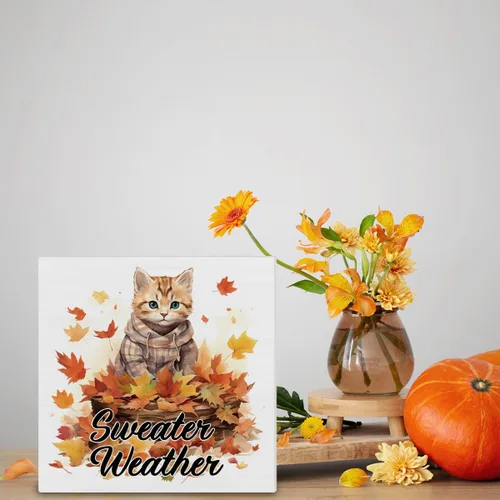 Miniatura 3 de Decoración de otoño para el hogar, decoración de otoño, suéter de madera, letrero de madera de arce y gato, decoración interior para escritorio