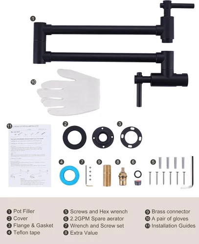 Miniatura 7 de Grifo de llenado de ollas para montaje en pared, grifo de cocina plegable con brazo oscilante de doble junta, grifo de latón elástico de un solo