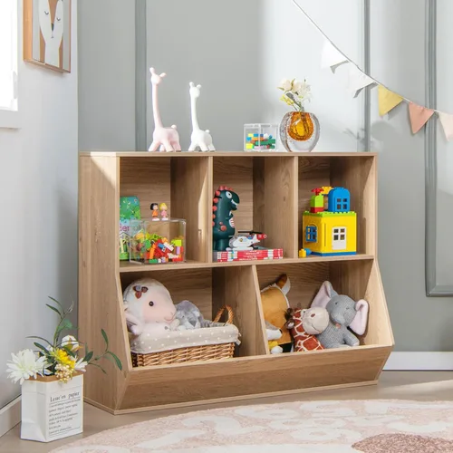 KOTEK Organizador de almacenamiento de juguetes de 5 cubos, gabinete de almacenamiento de juguetes de madera, estante abierto para juguetes, Natural
