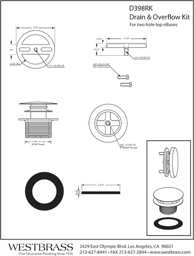 Miniatura 5 de Westbrass D398RK-05 Tapón de drenaje de bañera con punta de hongo de rosca gruesa NPSM de 1-1/2 pulgadas con placa frontal de desbordamiento Níquel