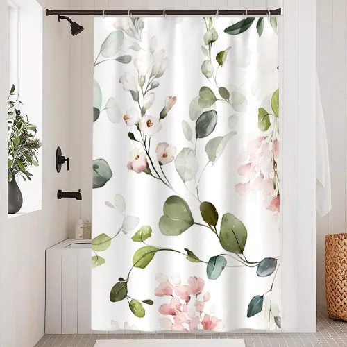 Miniatura 12 de Cortina de ducha pequeña de eucalipto azul acuarela, juego de cortinas de ducha pequeñas impermeables con diseño floral de primavera con ganchos, 36