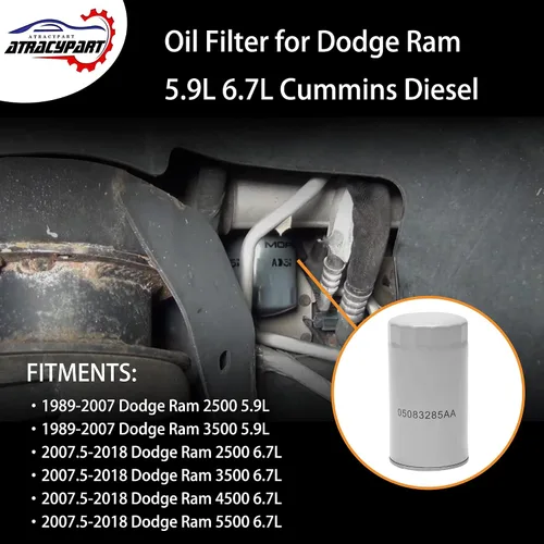 Miniatura 3 de Filtro de aceite 6.7 Cummins compatible con 1989-2024 Dodge Ram 2500 3500 4000 4500 5500 D250 D350 W250 W350 5.9 6.7 Cummins motor diésel filtro