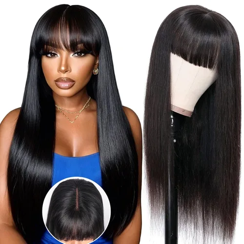Miniatura 22 de Straight Human Hair Wigs with Bangs 180% Density 2x4 Lace Front Wigs with Bangs Closure Wear and Go Glueless Wigs 100% Brazilian Virgin Human Hair