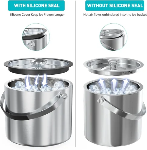 Miniatura 3 de Cubo de hielo de acero inoxidable de doble pared de 3.2L con tapa, cuchara, cubo de hielo aislado actualizado para bar de cócteles y fiestas Plateado