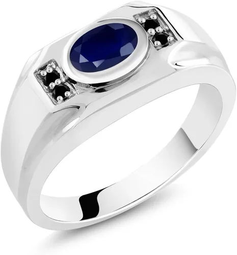 Gem Stone King Anillo de plata de ley 925 con zafiro azul y diamante negro para hombre (1.92 quilates, ovalado, 0.315 x 0.236in, disponible 7, 8, 9,