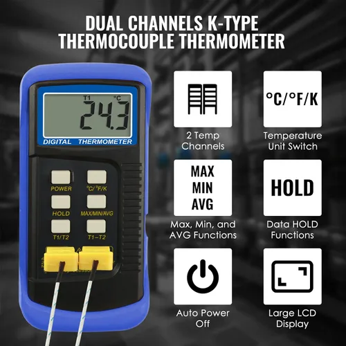 Miniatura 2 de Termómetro de termopar tipo K (-50 ~ 2,372.0 °F), medidor de temperatura digital de doble canal con 2 abrazaderas de temperatura y sensores de sonda