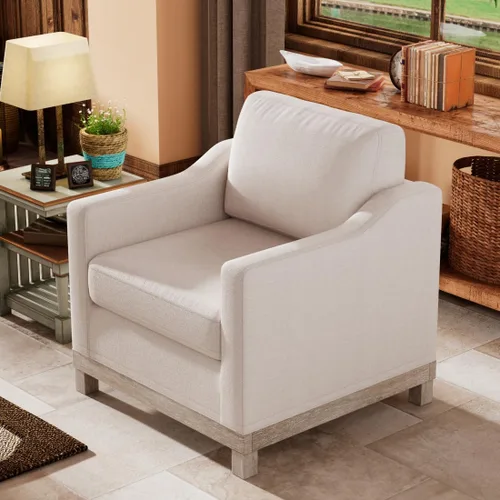 Miniatura 4 de Sillón moderno de lino/silla de acento/sofá individual con base de madera de goma para sala de estar, dormitorio, apartamento, oficina, color beige
