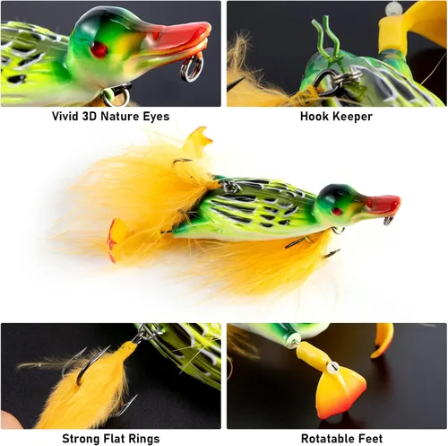 Miniatura 3 de Dr.Fish Topwater - Señuelo de pesca de pato de 4.1 pulgadas, realista, 3D, anzuelos de plumas de cebo duro flotantes, cebo artificial, lucio, lucio