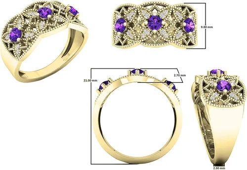 Miniatura 5 de Anillo de compromiso de oro amarillo de 14 quilates con piedras preciosas redondas y diamantes blancos para mujer.