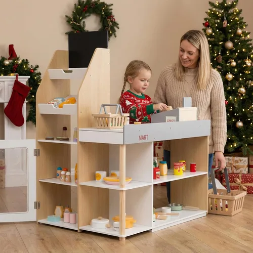 Miniatura 2 de Costzon Juego de simulación para tienda de comestibles, tienda de juegos de madera, juego de supermercado para niños pequeños con caja registradora