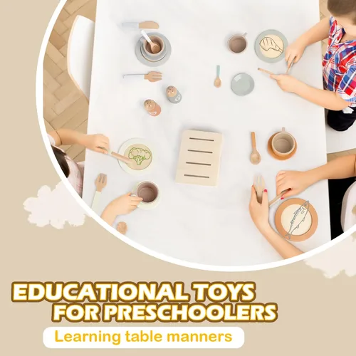 Miniatura 4 de Platos y vajilla de juego de madera para set de cocina de niños, 27 piezas de accesorios de cocina de juego de madera, juguete de cocina para niños