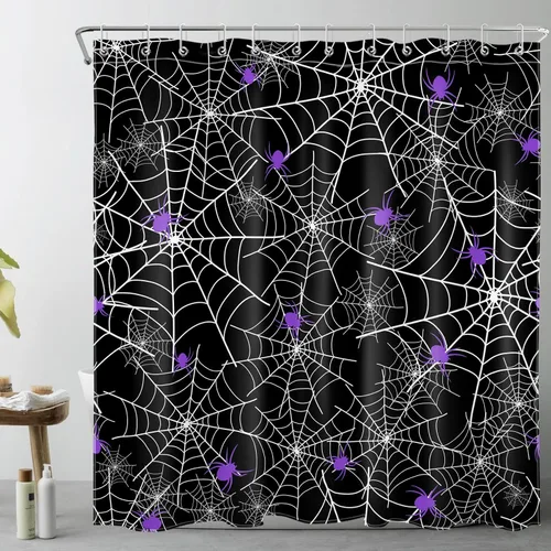 Miniatura 13 de EOBTAIN Cortina de ducha de Feliz Halloween para baño, arañas rosas aterradoras con telaraña sobre negro, cortina de ducha farbic con 10 ganchos