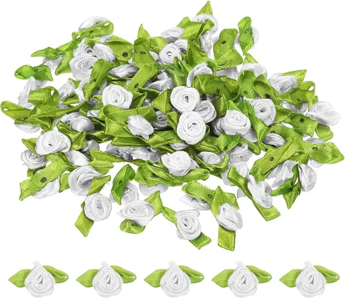 Miniatura 11 de PATIKIL Mini rosas de cinta, 200 unidades, pequeñas flores de tela de satén con adornos de hojas verdes, rosetas para manualidades, costura, boda