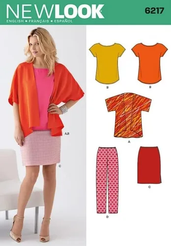 New Look Patrón de costura fácil para mujer 6217 Kimono estilo chaqueta, tops, falda y pantalones