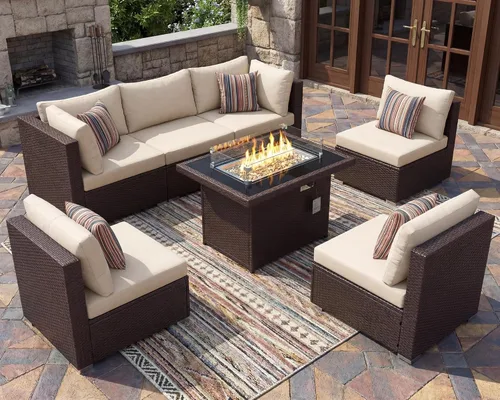 BULEXYARD Juego de 7 piezas de muebles de patio con respaldo alto con mesa para fogata de propano/gas natural de doble combustible, sofá seccional