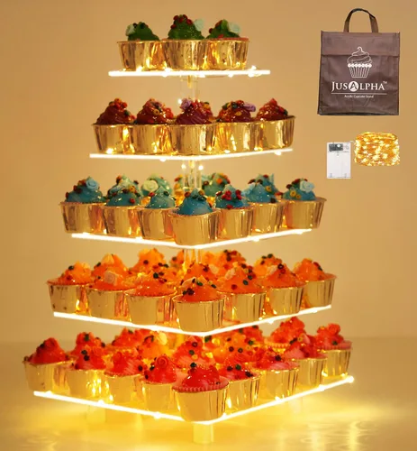 Miniatura 8 de Jusalpha Soporte cuadrado de 5 niveles para cupcakes con luz, soporte para cupcakes de alta calidad, bandeja para servir, torre acrílica
