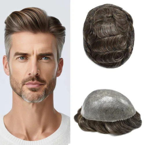 Miniatura 112 de Peluca completa de poliuretano para hombre, sistemas de reemplazo de cabello humano, piel fina y duradera, para hombre, prótesis de cabello