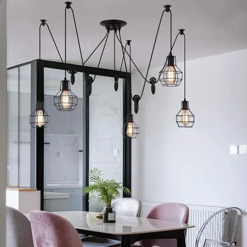 Miniatura 6 de Iluminación colgante industrial de 5 cabezales, lámpara de techo ajustable de estilo vintage de araña semiempotrada, candelabro rústico Edison