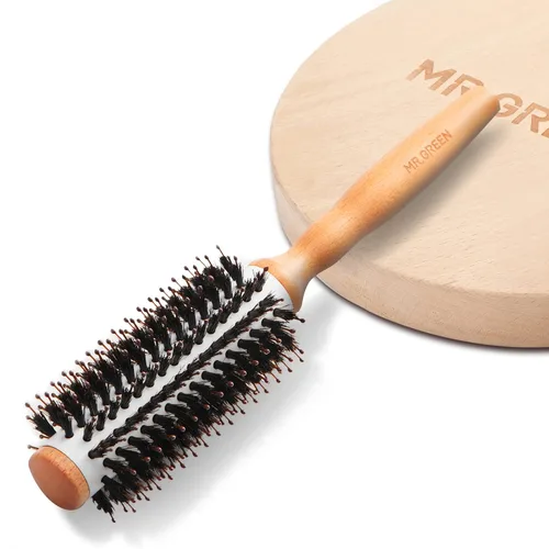MR.GREEN Cepillo de pelo de cerdas de jabalí, cepillo redondo para rizar, cepillo de pelo de madera natural, peine desenredante para rizado largo o