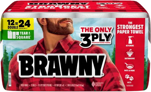 Miniatura 12 de Brawny Toallas de papel Tear-A-Square de 3 capas, 2 rollos triples = 6 rollos regulares, fuertes, absorbentes y duraderas con 3 tamaños de hoja