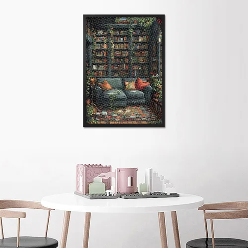 Miniatura 6 de Rompecabezas para adultos de 1000 piezas – Biblioteca vintage con estanterías, plantas y chimenea acogedora, rompecabezas para adultos de alta