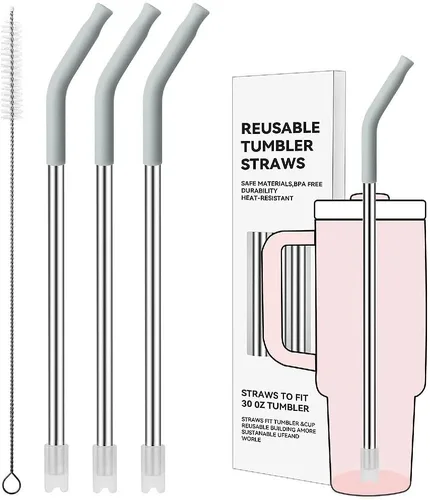 Miniatura 77 de Pajitas de metal rectas para vaso Stanley de 40 onzas, paquete de 3 popotes reutilizables de acero inoxidable con puntas de silicona y cepillo Gris
