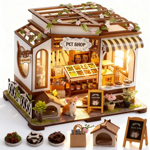 Miniatura 9 de Vaki Vaki Kit de casa en miniatura de jardín colgante con luz LED, kit de rincón de libro con cubierta para cumpleaños, sujetalibros de madera 3D