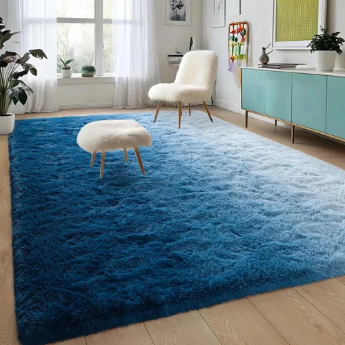 Miniatura 14 de DweIke Alfombras esponjosas de lujo para niños para sala de estar, dormitorio, 4 x 6 pies, alfombra de área negra y azul para niñas y niños, Azul