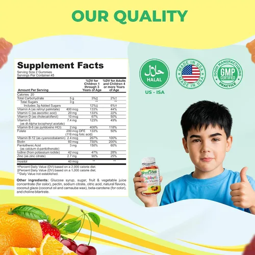Miniatura 4 de Greenfield Nutritions - Gomitas multivitamínicas halal sin gelatina para niños, todas las vitaminas halal esenciales A, B, C, D, yodo, zinc