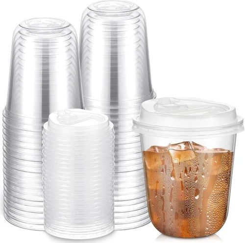 Miniatura 8 de Baderke 50 juegos de vasos de plástico transparente de 16 onzas con tapas, tazas de café helado resistentes con tapas, vasos de plástico desechables