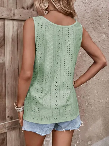 Miniatura 6 de Camisetas sin mangas para mujer, cuello redondo, con ojales, ajuste holgado, básicas, de color sólido, casual, de verano