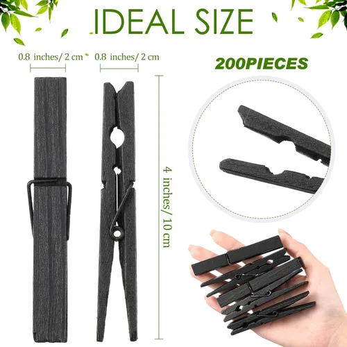 Miniatura 2 de Marsui 200 pinzas de madera resistentes para colgar ropa al aire libre, lavandería, manualidades, fotos (negro, 4 pulgadas)