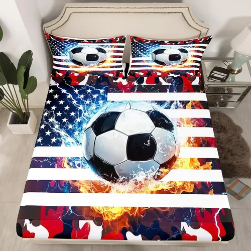 Miniatura 17 de Erosebridal American Flag Fitted Sheet Twin, Hockey Bedding Set United States Sports Games Bed Sheets for Kids Boys Teens Bedroom, Red White