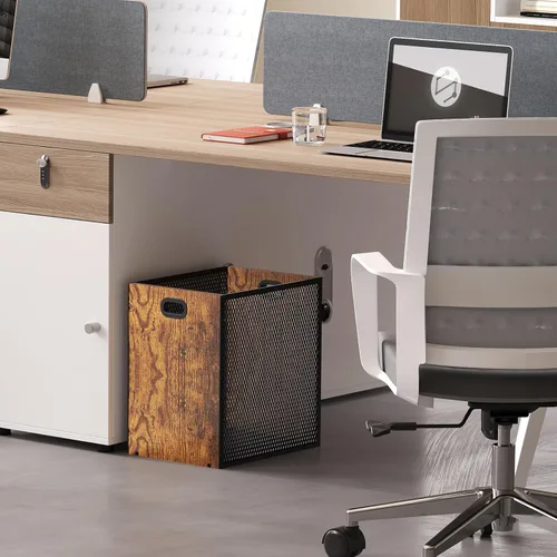 Miniatura 4 de Huxitocan - Cubo de basura retro para oficina, combinación de hierro y madera para dormitorio, cesta de basura rectangular con asa, diseño
