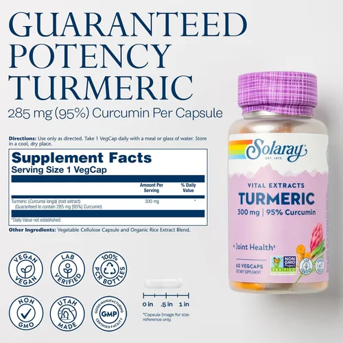 Miniatura 2 de SOLARAY Suplemento de cúrcuma de 300 mg - Extracto de raíz de cúrcuma con 95% de curcumina - Suplemento de apoyo articular para la salud y comodidad