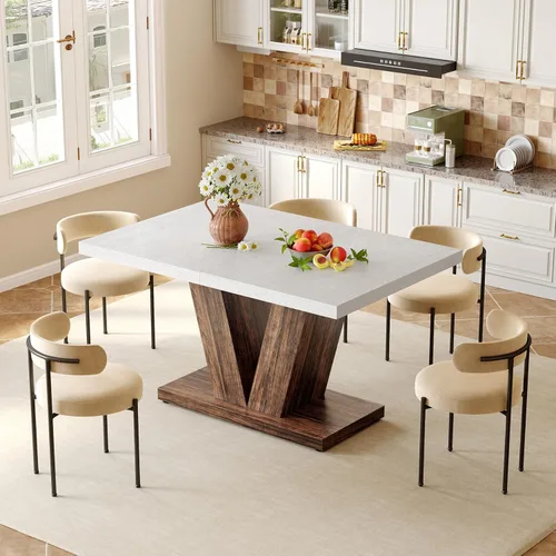 Miniatura 5 de LITTLE TREE Mesa de comedor de 47 pulgadas para 4, mesas de comedor modernas, mesa de cocina rectangular blanca con pedestal en forma de V marrón