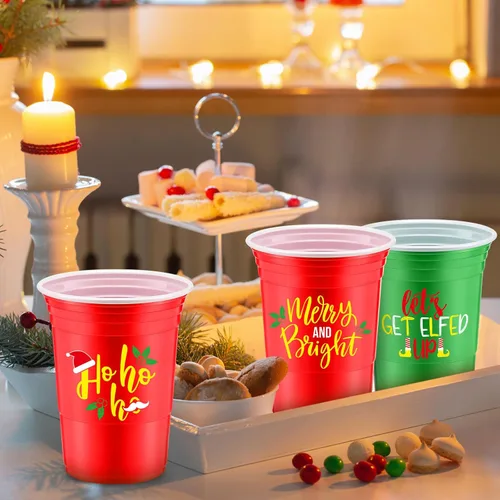 Miniatura 7 de Jinei 100 piezas de vasos desechables de Navidad de 16 onzas, vasos de plástico para fiesta de Navidad, café, chocolate caliente y bebidas frías