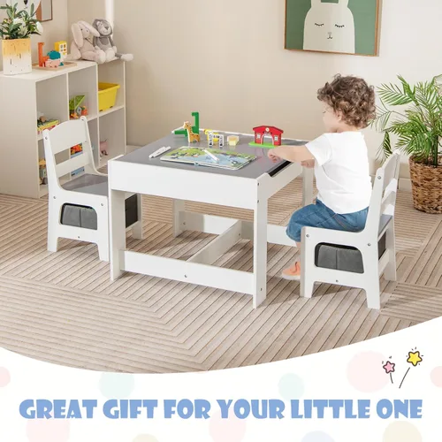 Miniatura 9 de HONEY JOY Mesa y sillas para niños, juego de actividades de madera 3 en 1 con almacenamiento, mesa desmontable, para arte, manualidades, dibujo, Gris