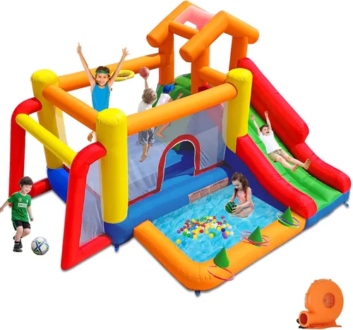 Baralir Casa de rebote 7 en 1 para niños de 3 a 10 años, castillo hinchable con tobogán largo, piscina para niños (pozo de pelota), portería de