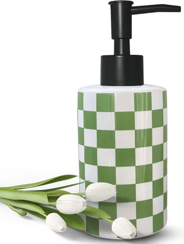 Miniatura 9 de Dispensador de jabón de baño con bomba negra mate, dispensador de jabón de cerámica blanca para cocina, patrón de cuadros, botella de bomba vacía