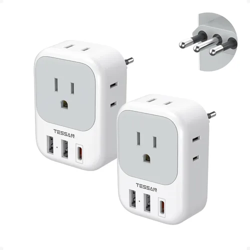 Adaptador de enchufe de viaje para Italia, paquete de 2, adaptador de corriente TESSAN Italia con 4 tomacorrientes, 3 cargadores USB (1 puerto USB
