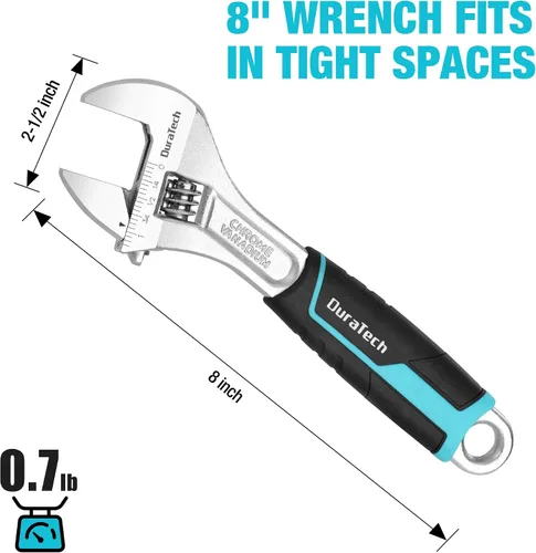 Miniatura 6 de DURATECH Llave de acero Cr-V ajustable de 8 pulgadas, llave de mandíbula ancha, básculas métricas y SAE, para el hogar, garaje, taller y bricolaje