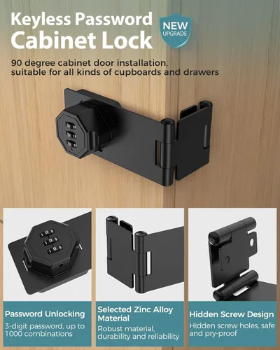 Miniatura 2 de Cerradura de Pestillo de Puerta de Combinación de Gabinete de 90 Grados, Cerradura de Pestillo Giratorio con Contraseña de Aleación de Zinc, Negro